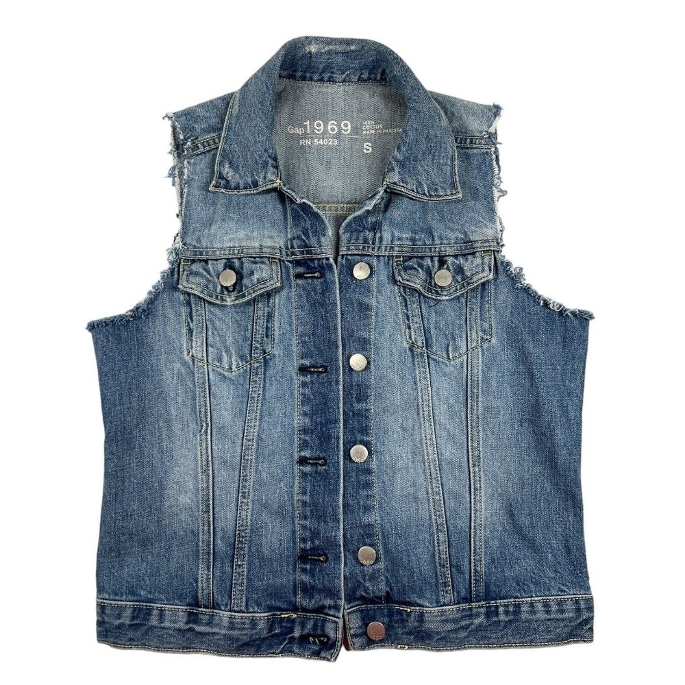 Gap 1969 Women Size Small Blue Denim Jean Vest Distressed Fray